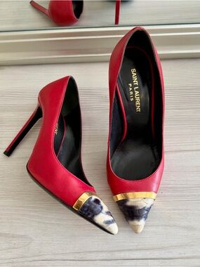 Saint Laurent Red Leather Pumps with Gold Accent and Cap-toe - Size 37